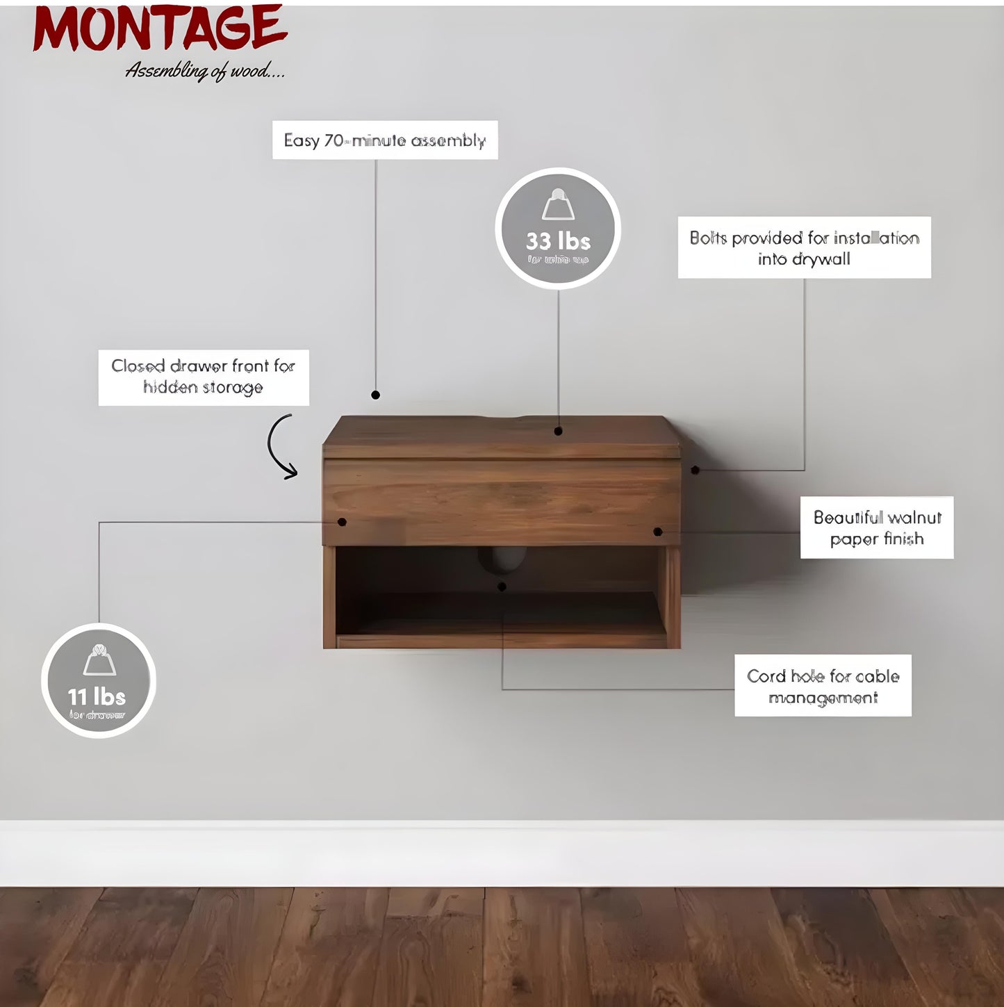 Side Table for Bedroom Night Stand End Table Wall Hanging Engineered Wood Bedside Table