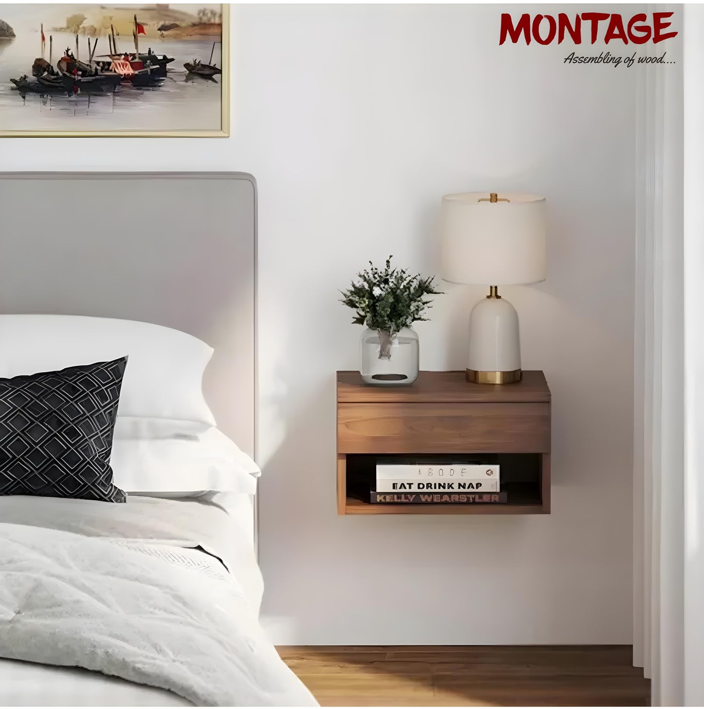 Side Table for Bedroom Night Stand End Table Wall Hanging Engineered Wood Bedside Table