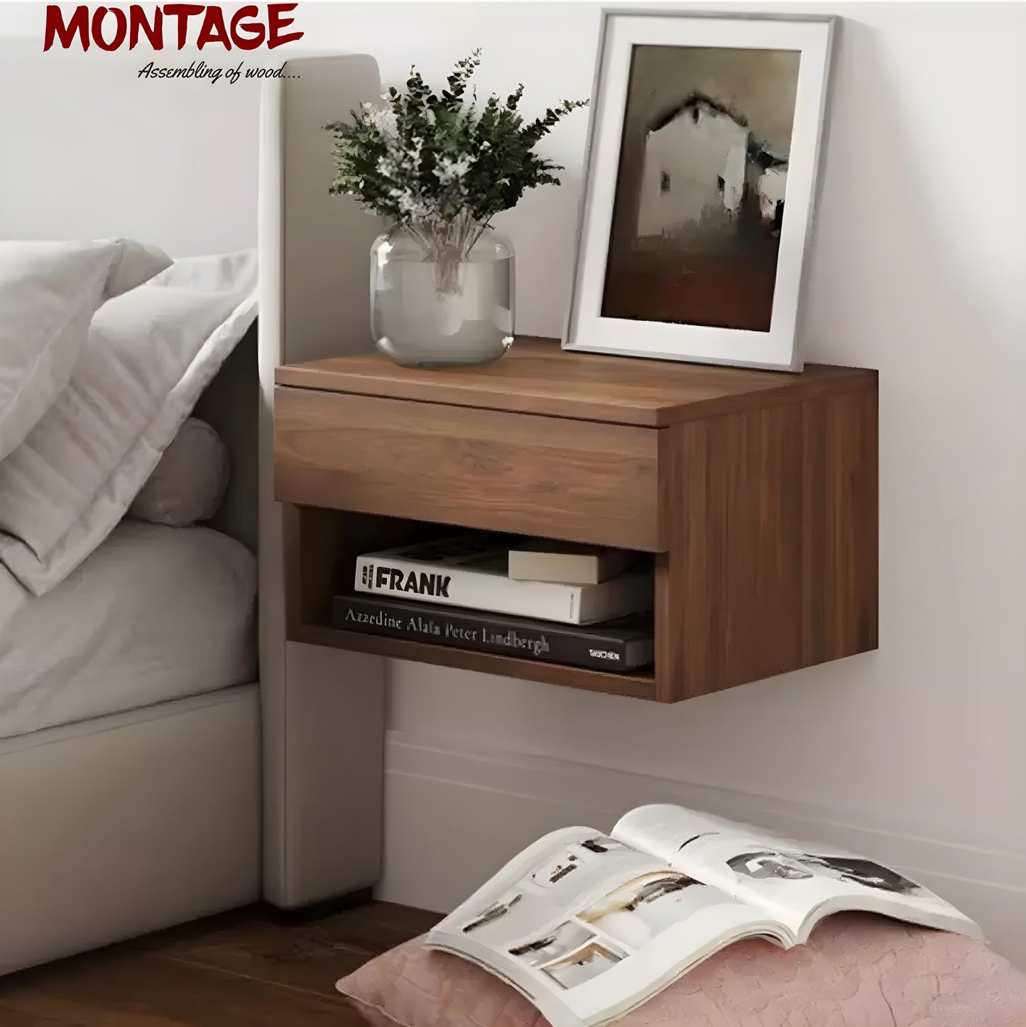 Side Table for Bedroom Night Stand End Table Wall Hanging Engineered Wood Bedside Table