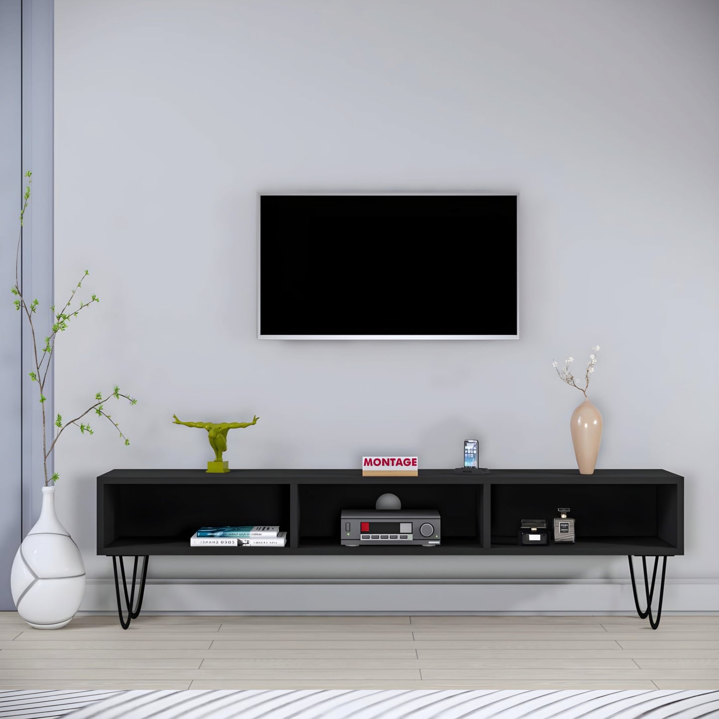 LED TV Cabinet for Living Room with Open Shelf Engineered Wood TV Entertainment Unit