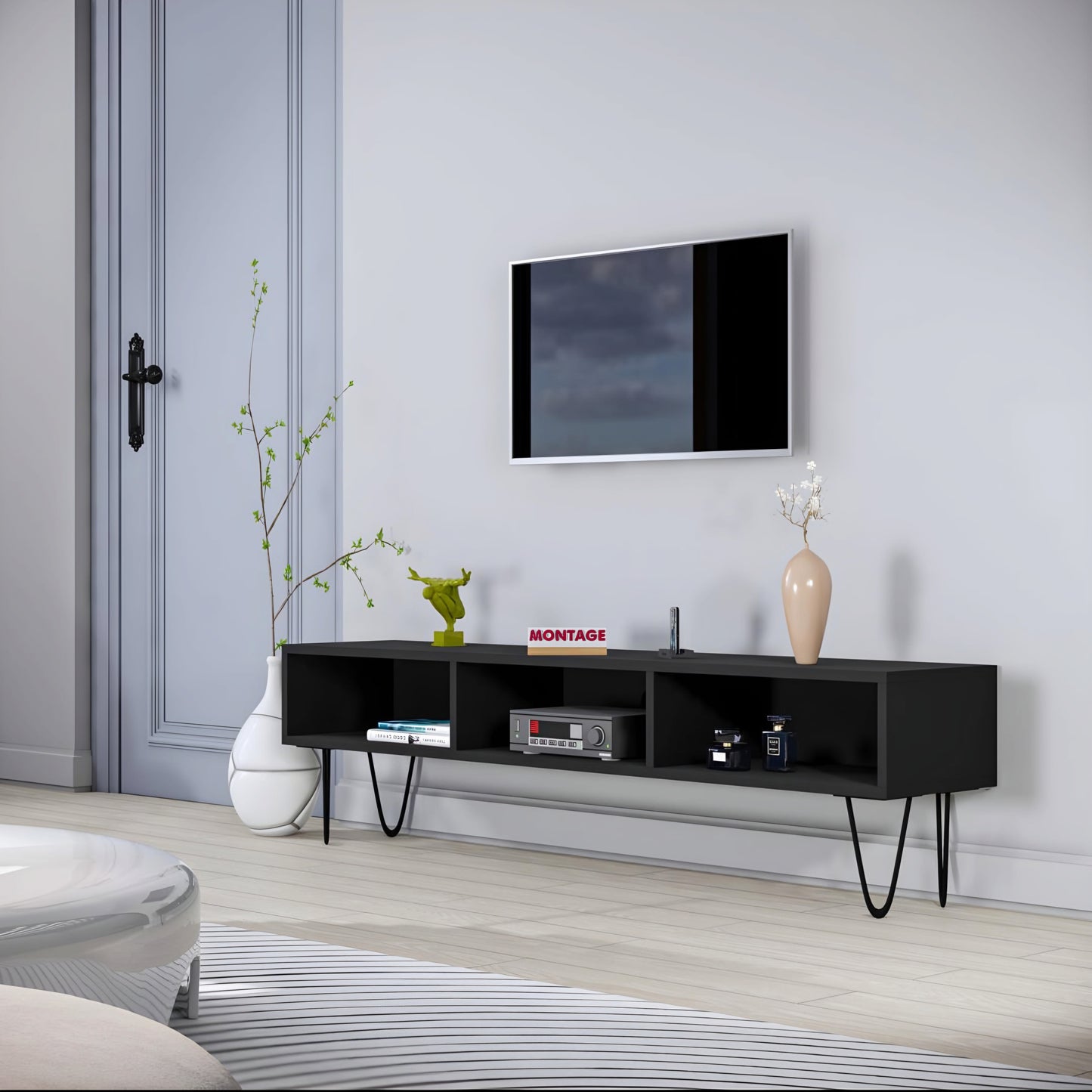 LED TV Cabinet for Living Room with Open Shelf Engineered Wood TV Entertainment Unit