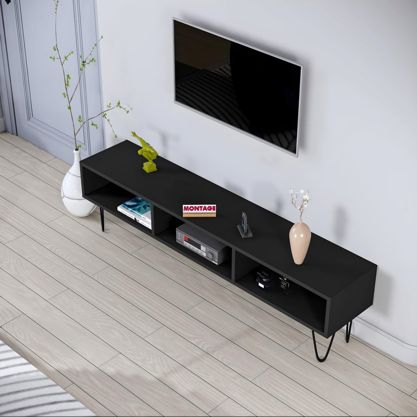 LED TV Cabinet for Living Room with Open Shelf Engineered Wood TV Entertainment Unit